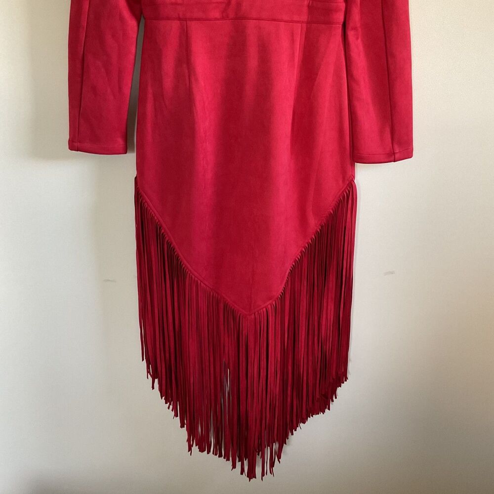 Oyrosy Western Style Embroidered Red Fringed Faux Suede Midi Dress L Festival - Picture 9 of 14
